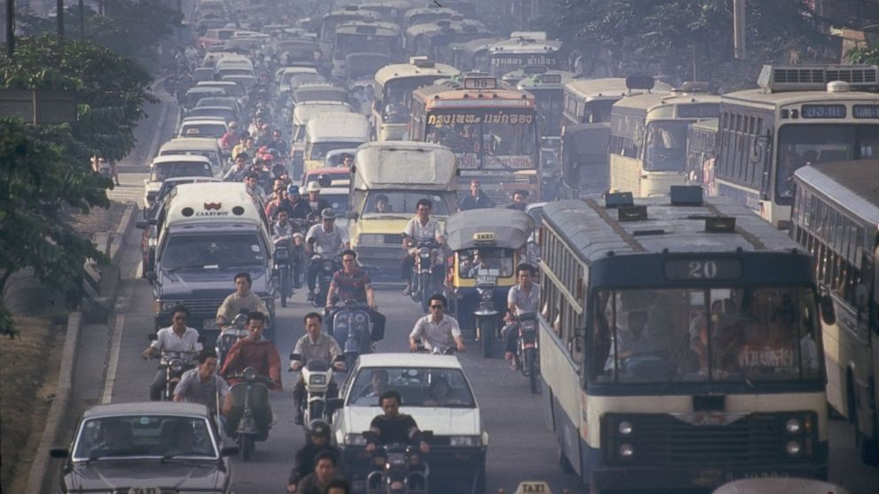 An exhaust fume-filled traffic jam in Bangkok.