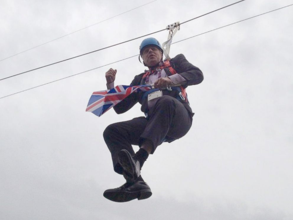 PHOTO: Mayor of London Boris Johnson got stuck on a zip-line during BT London Live in Victoria Park on Aug. 1, 2012, in London.