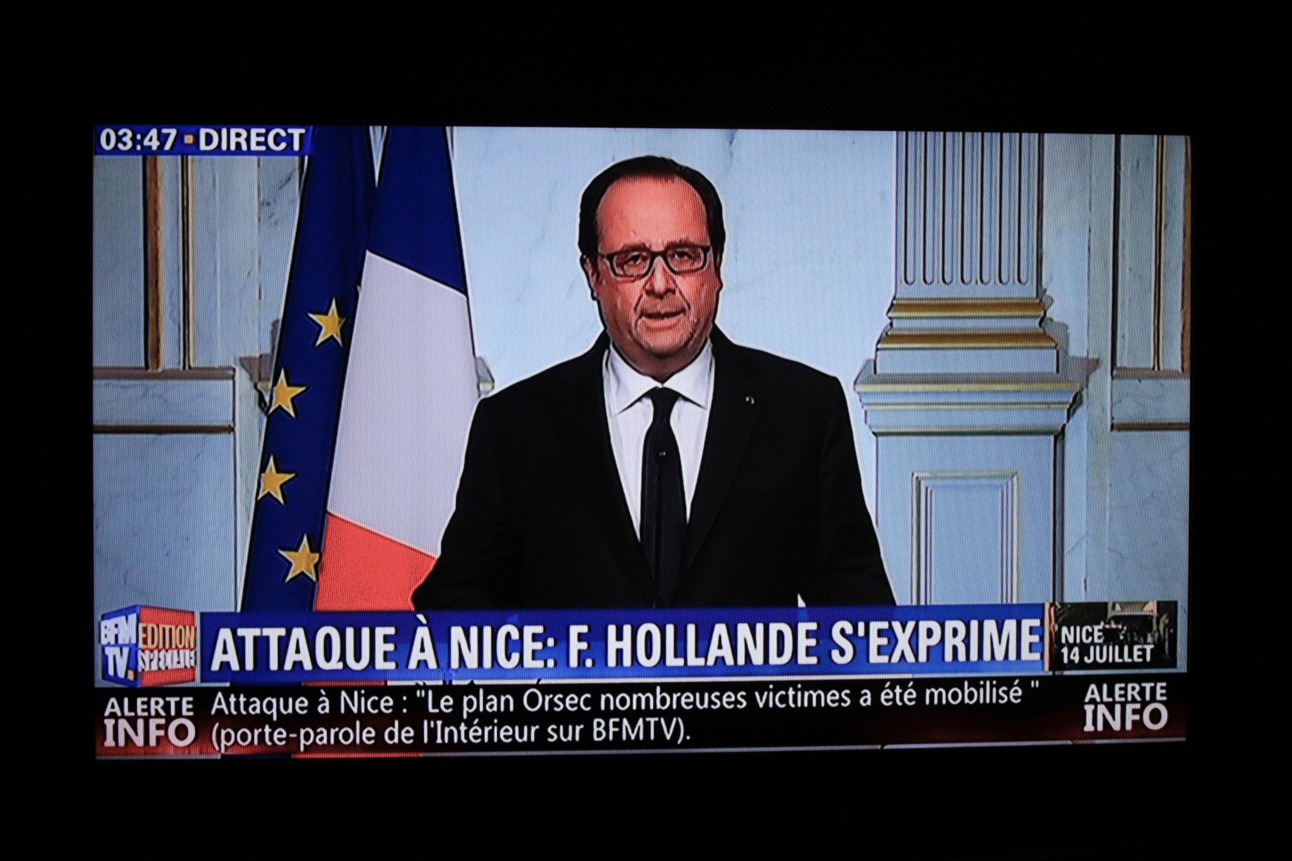 PHOTO: This still image from a BFM TV telecast shows French President Francois Hollande speaking about the attack in Nice on July 14, 2016 in Elysee, Paris. 
