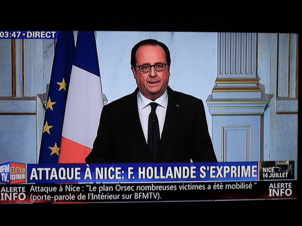 PHOTO: This still image from a BFM TV telecast shows French President Francois Hollande speaking about the attack in Nice on July 14, 2016 in Elysee, Paris.