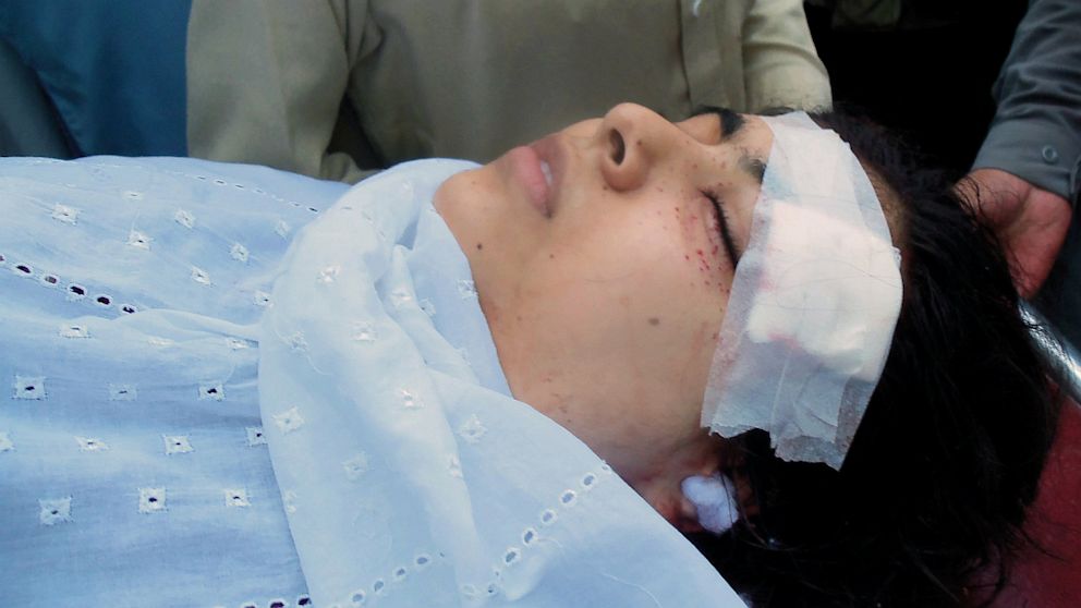 Pakistani hospital workers carry injured Malala Yousafzai, 14, on a stretcher at a hospital following an attack by gunmen in Mingora,Oct. 9, 2012.