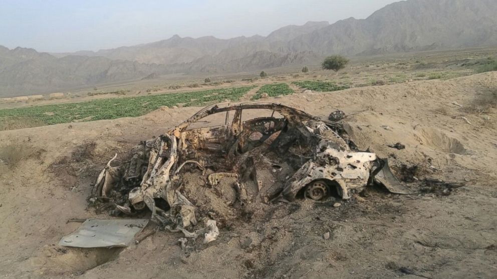 Wreckage of a destroyed vehicle in which Mullah Mohammad Akhtar Mansour was allegedly traveling in Noshki, Balochistan province is seen after it was hit by US drone on May 22, 2016, in Quetta, Pakistan. 