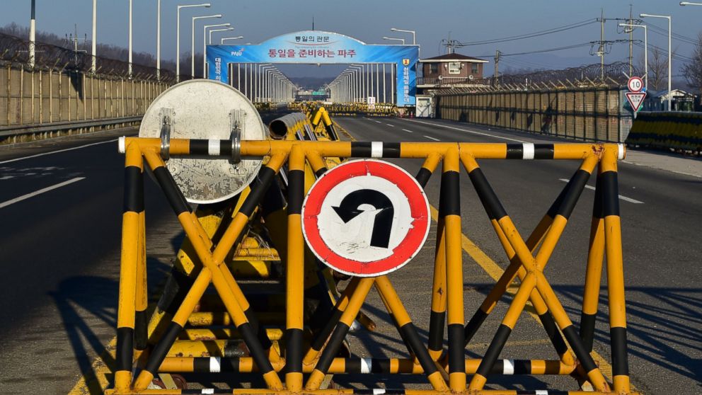 A barricade is set on the road leading to North Korea's Kaesong joint industrial complex at a South Korean military checkpoint in the border city of Paju near the Demilitarized zone dividing the two Koreas on Jan. 8, 2016. 