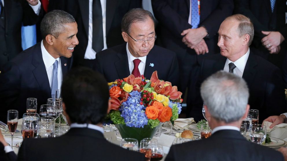 PHOTO: U.S. President Barack Obama, United Nations Secretary-General Ban Ki-moon and Russian President Vladimir Putin during the 70th annual UN General Assembly at the UN headquarters Sept. 28, 2015 in New York City. 