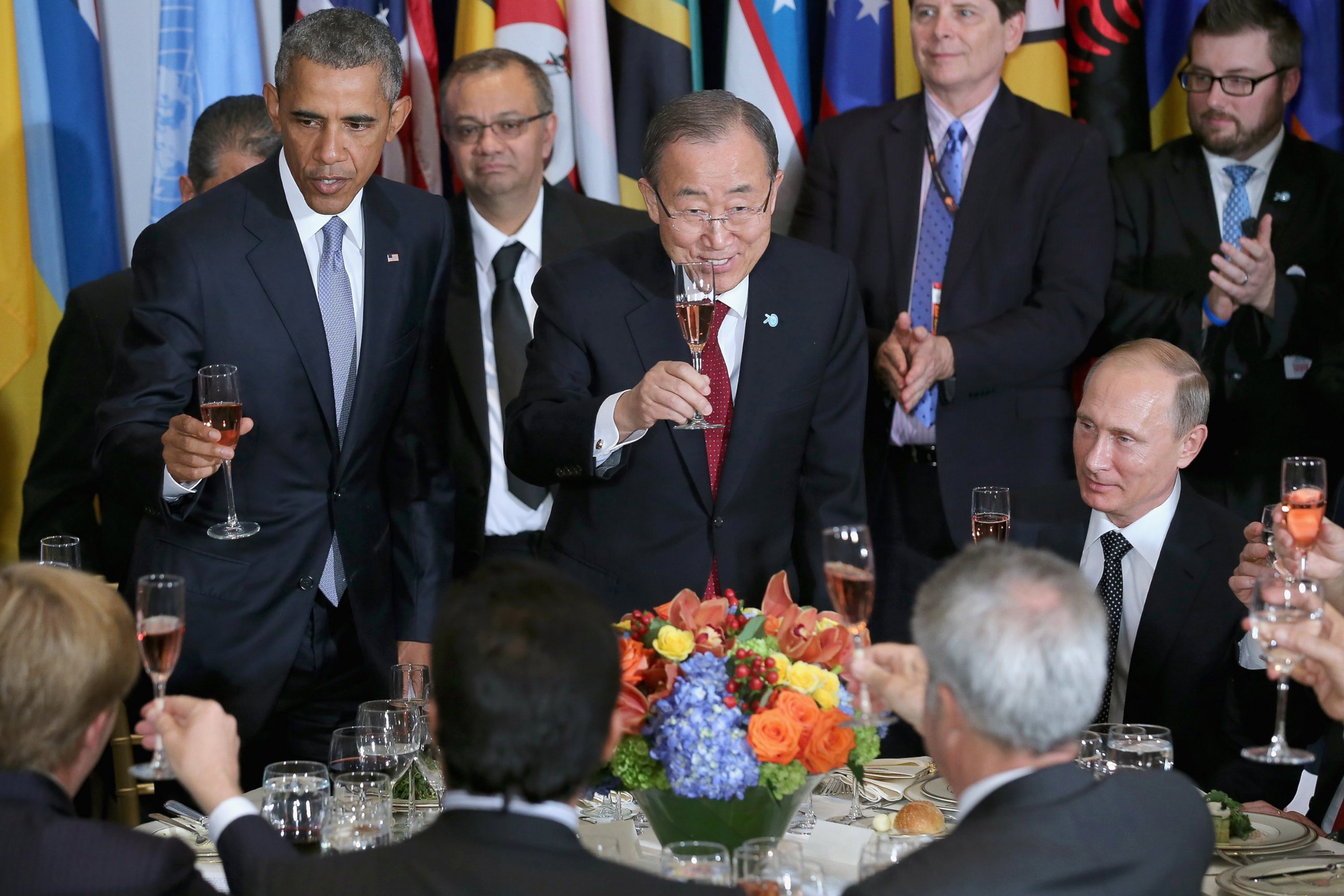 U.S. President Barack Obama, United Nations Secretary-General Ban Ki-moon and Russian President Vladimir during a luncheon hosted by Ki-moon during the 70th annual UN General Assembly at the UN headquarters Sept. 28, 2015 in New York City.