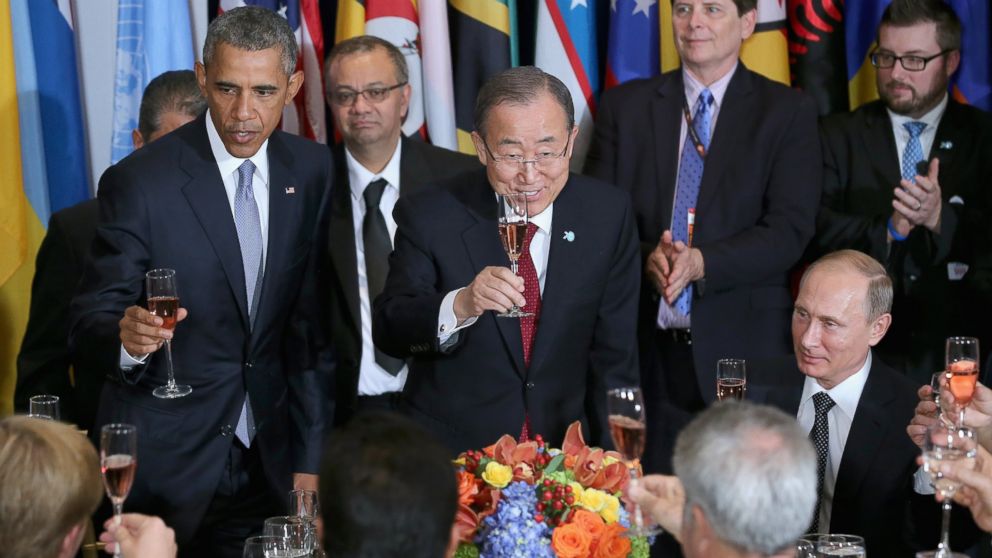 U.S. President Barack Obama, United Nations Secretary-General Ban Ki-moon and Russian President Vladimir during a luncheon hosted by Ki-moon during the 70th annual UN General Assembly at the UN headquarters Sept. 28, 2015 in New York City.
