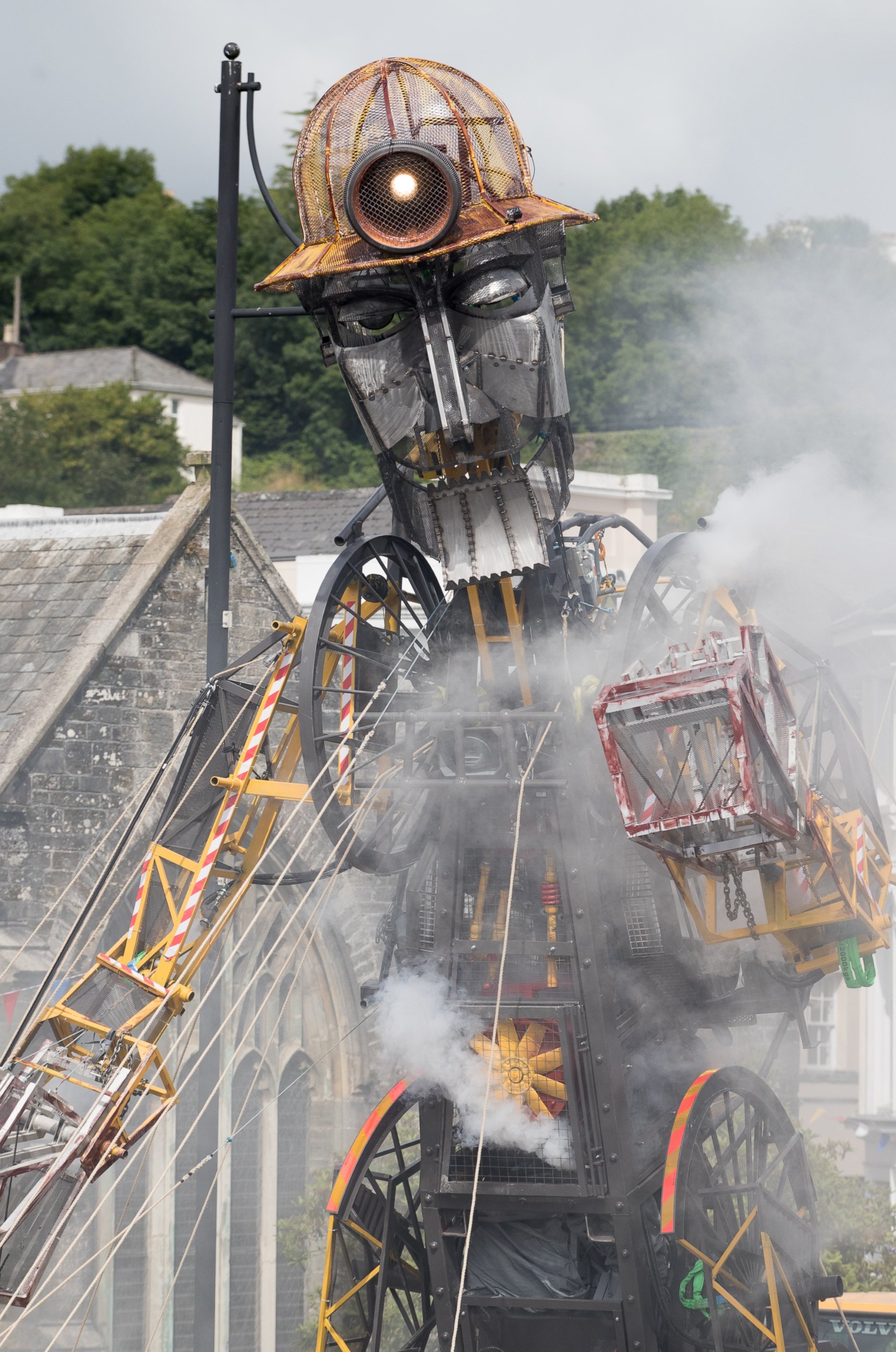 PHOTO: The giant tall Man Engine is unveiled to the public in Tavistock, July 25, 2016, in Devon, England.