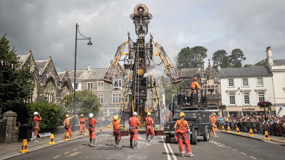 The giant tall Man Engine is unveiled to the public in Tavistock, July 25, 2016, in Devon, England.