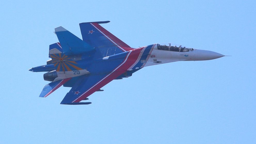 PHOTO: A Russian Sukhoi Su-27 jet is seen as part of a Russian Knights aerobatic demonstration over Saint Petersburg, Russia, April 25, 2015.
