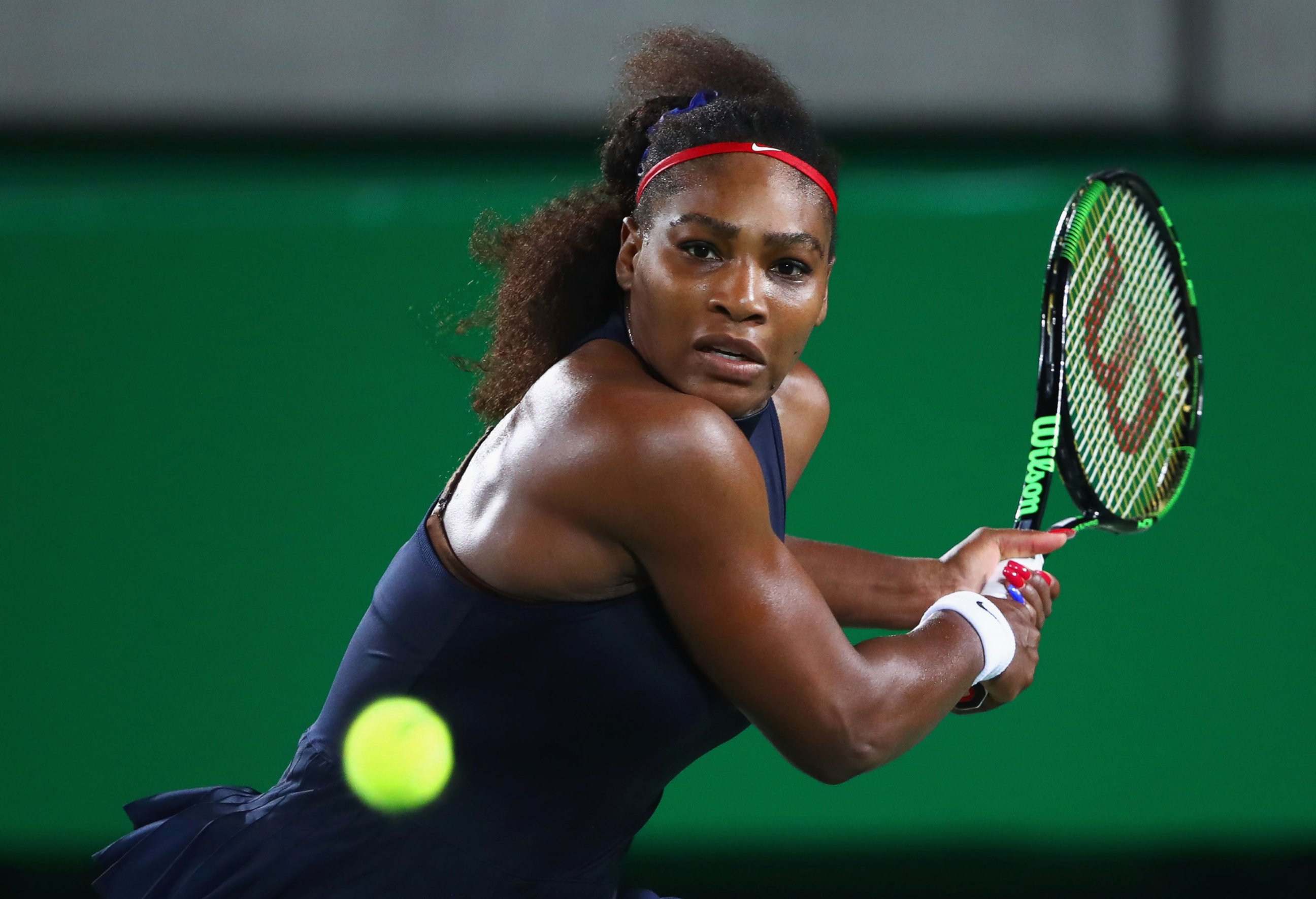 PHOTO: Serena Williams plays a backhand during the Women's Singles second round match against Alize Cornet of France on Day 3 of the Rio 2016 Olympic Games at the Olympic Tennis Centre on Aug. 8, 2016 in Rio de Janeiro.