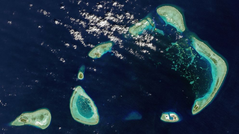 A satellite view of the Crescent Group of islands which is part of the disputed Paracel Islands located in the South China Sea.