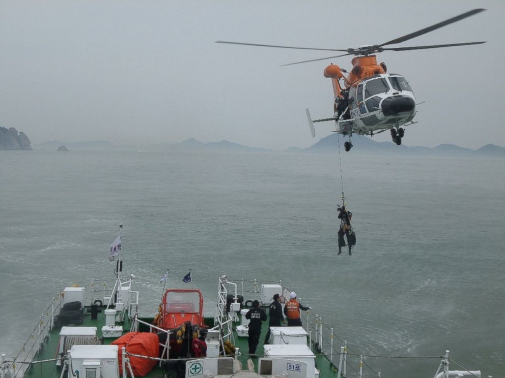 PHOTO: The rescue work by members of the Republic of Korea Coast Guard continues around the site of ferry sinking accident off the coast of Jindo Island, April 16, 2014 in Jindo-gun, South Korea. 