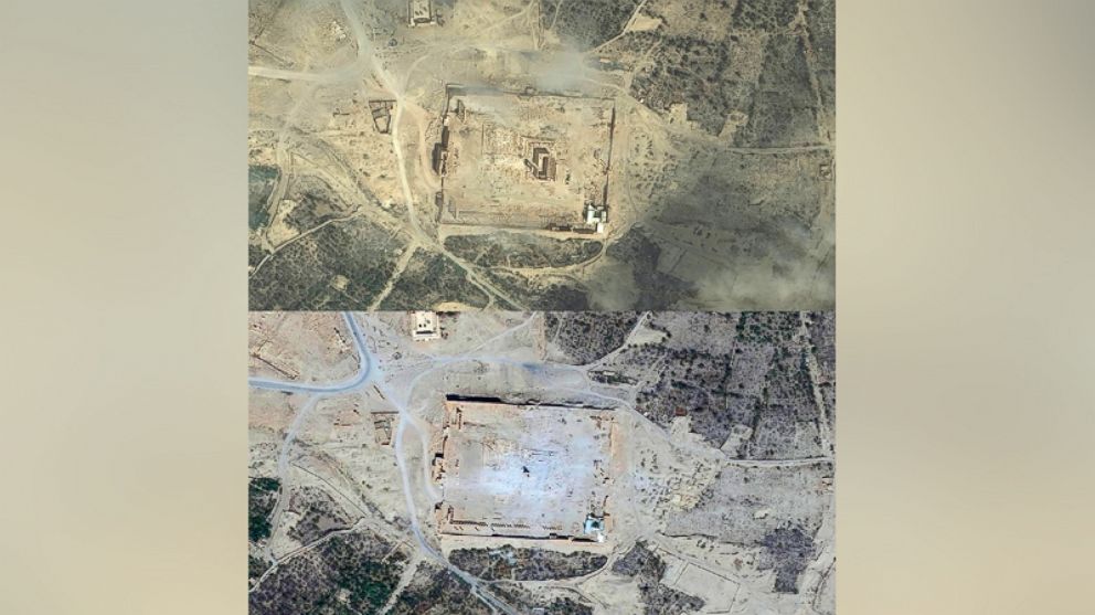 PHOTO:DigitalGlobe imagery of the Baalshamin temple in Palmyra, Syria collected on June 2, 2015 (before and then After) on Sept. 2, 2015.