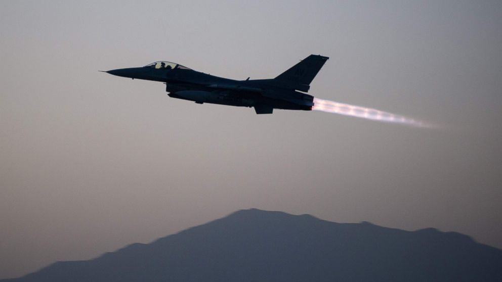 A U.S. Air Force F-16 Fighting Falcon aircraft assigned to the 555th Expeditionary Fighter Squadron taking off on a combat sortie from Bagram Air Field, Afghanistan, Sept. 6, 2015.    