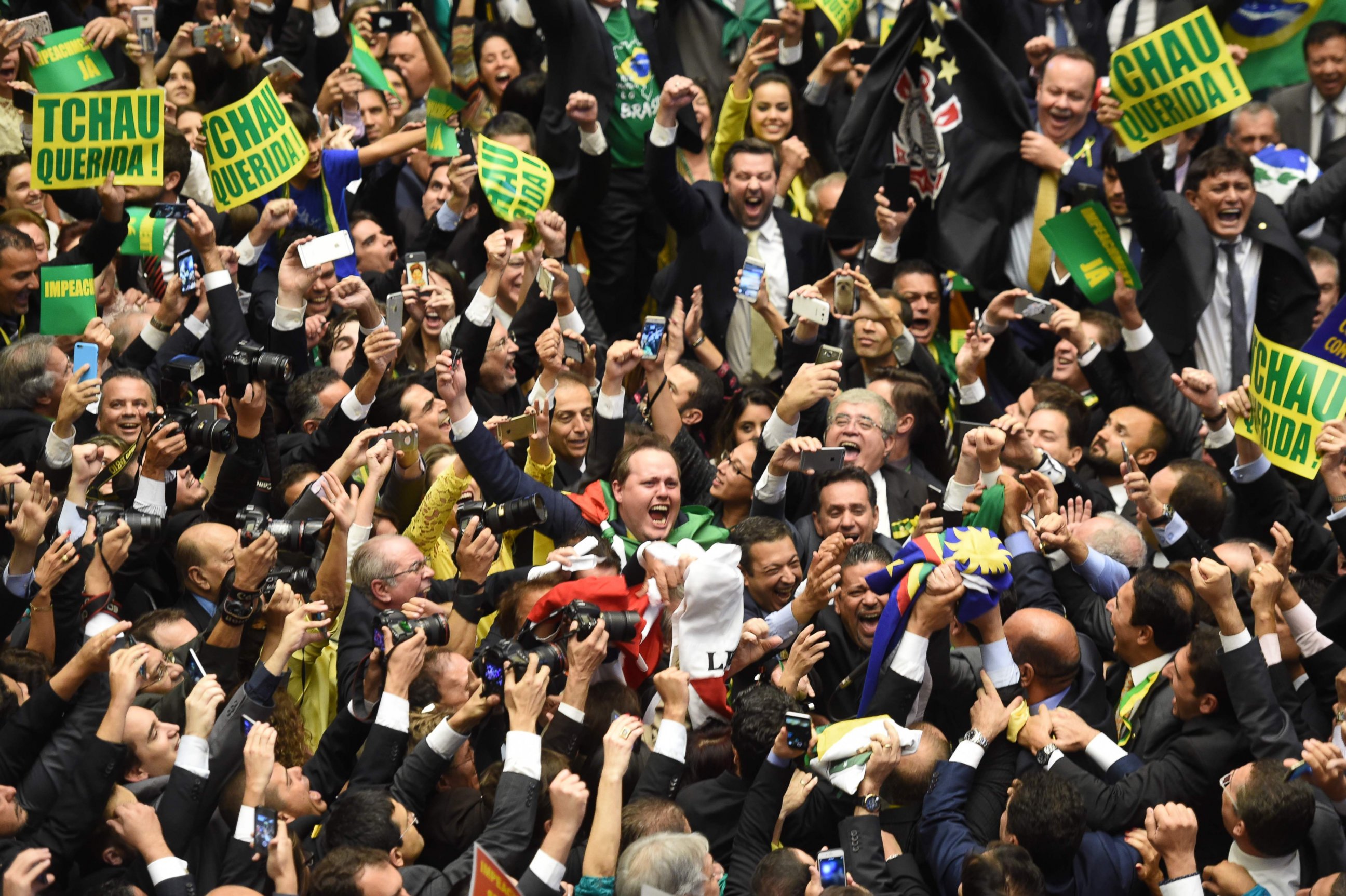 PHOTO:  Brazil's lawmakers celebrate after they reached the votes needed to authorize President Dilma Rousseff's impeachment to go ahead, at the Congress in Brasilia, April 17, 2016. 
