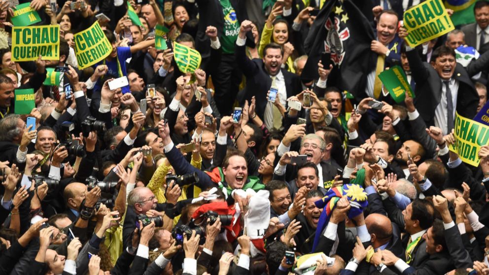 PHOTO:  Brazil's lawmakers celebrate after they reached the votes needed to authorize President Dilma Rousseff's impeachment to go ahead, at the Congress in Brasilia, April 17, 2016. 