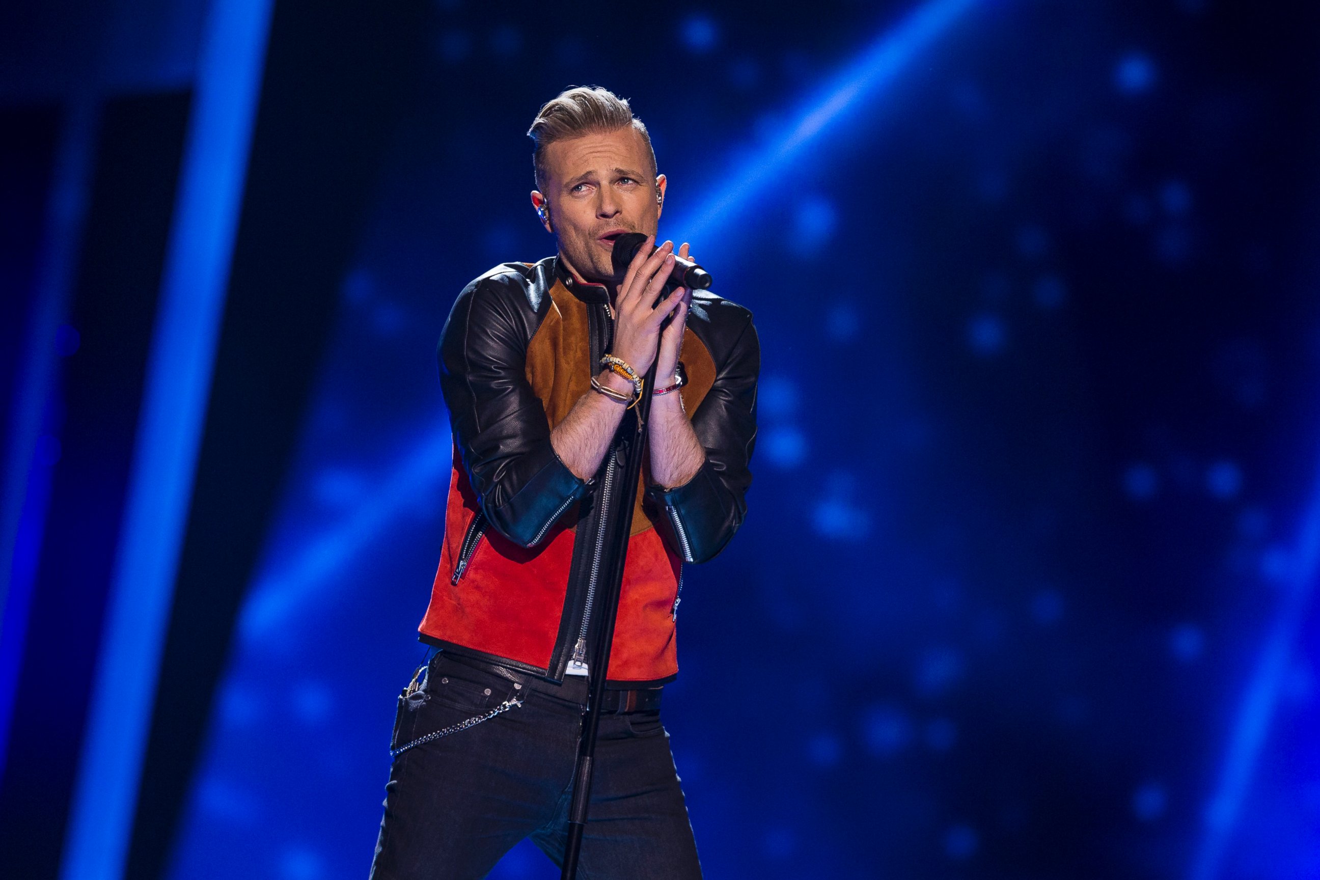 PHOTO:Nicky Byrne representing Ireland performs the song "Sunlight" during the semifinals of the 2016 Eurovision Song Contest at Ericsson Globe Arena, May 12, 2016, in Stockholm.  