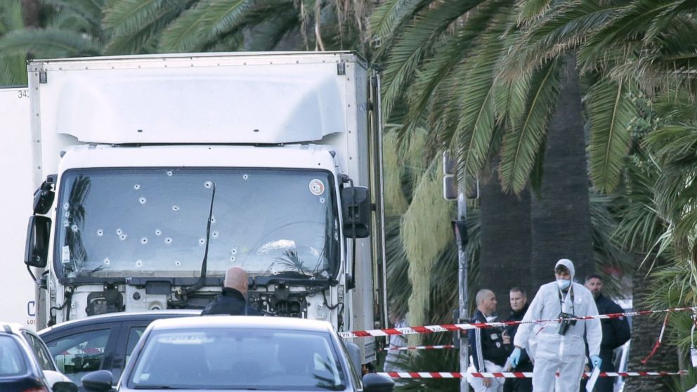 PHOTO: Forensic police investigate a truck at the scene of a terror attack on the Promenade des Anglais, July 15, 2016 in Nice, France.