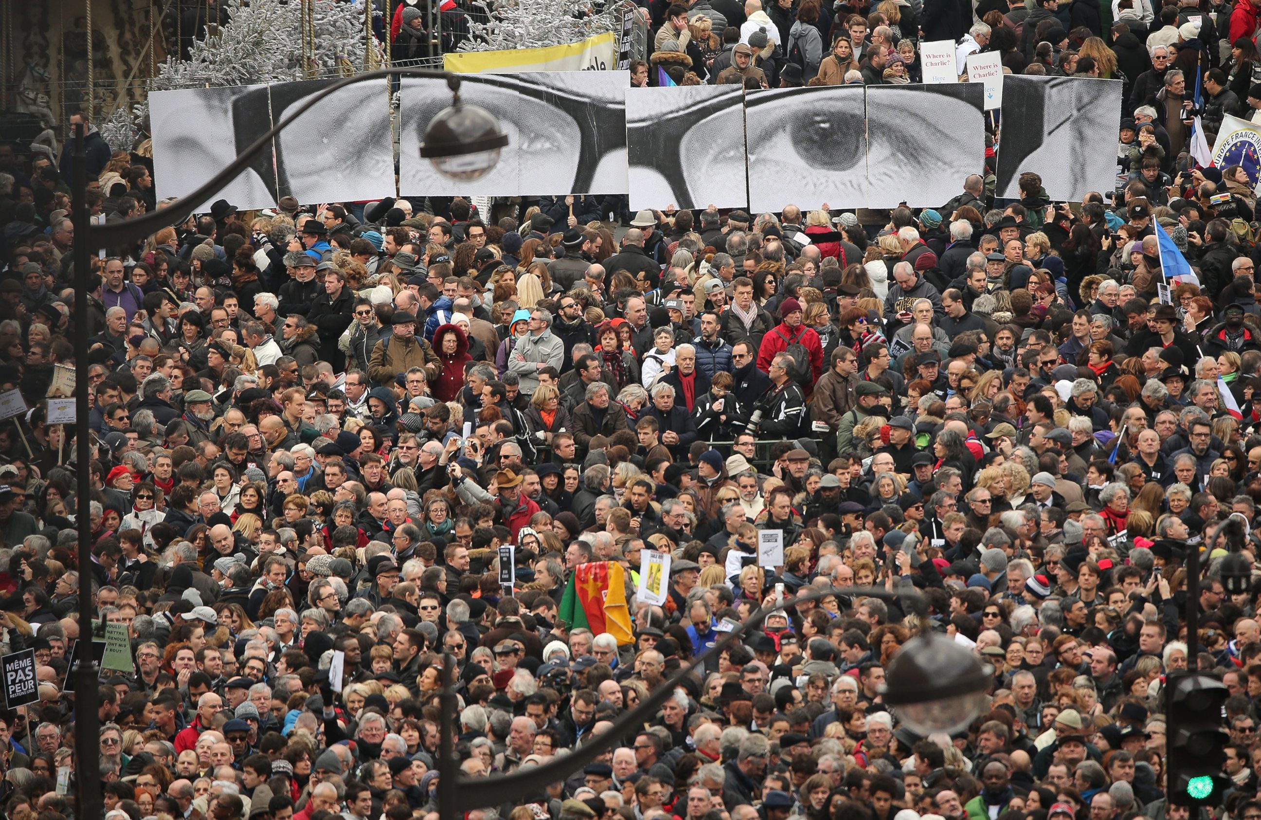 PHOTO: Demonstrators gather in Place de la Republique prior to a mass unity rally to be held in Paris following the recent terrorist attacks on Jan. 11, 2015 in Paris, France.