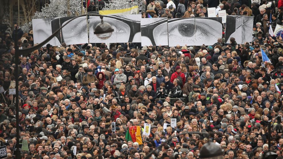 PHOTO: Demonstrators gather in Place de la Republique prior to a mass unity rally to be held in Paris following the recent terrorist attacks on Jan. 11, 2015 in Paris, France.