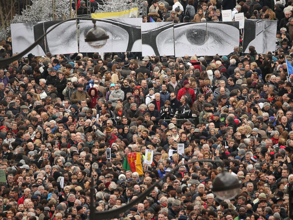 PHOTO: Demonstrators gather in Place de la Republique prior to a mass unity rally to be held in Paris following the recent terrorist attacks on Jan. 11, 2015 in Paris, France.
