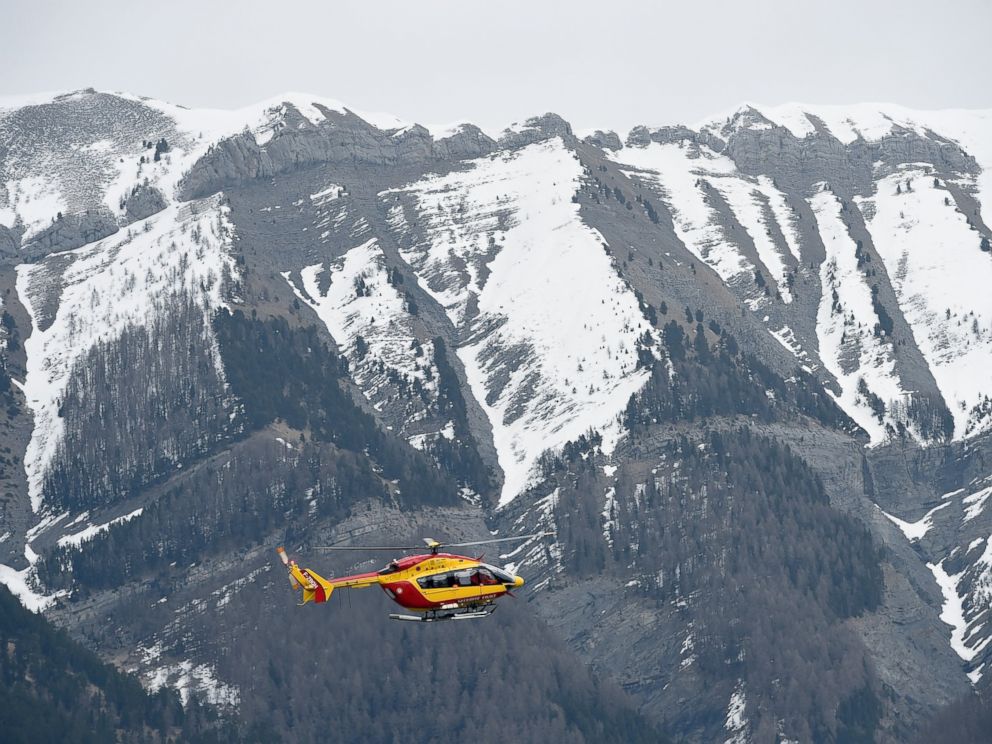 PHOTO: A helicopter of the French civil security services flies near Seyne, south-eastern France, March 24, 2015.