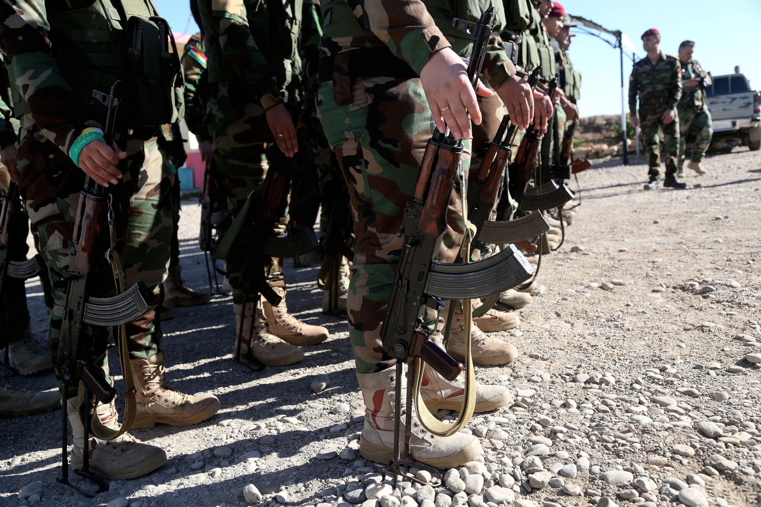 PHOTO:Female Syrian Peshmerga fighters are being trained to fight against Daesh and Assad forces at a camp located in Old Mosul region of the city of Nineveh, Iraq, Dec. 9, 2015. 