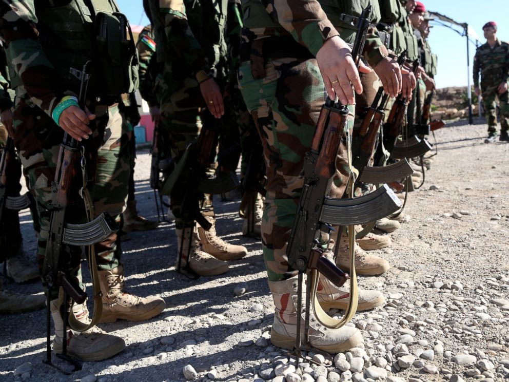 PHOTO:Female Syrian Peshmerga fighters are being trained to fight against Daesh and Assad forces at a camp located in Old Mosul region of the city of Nineveh, Iraq, Dec. 9, 2015.