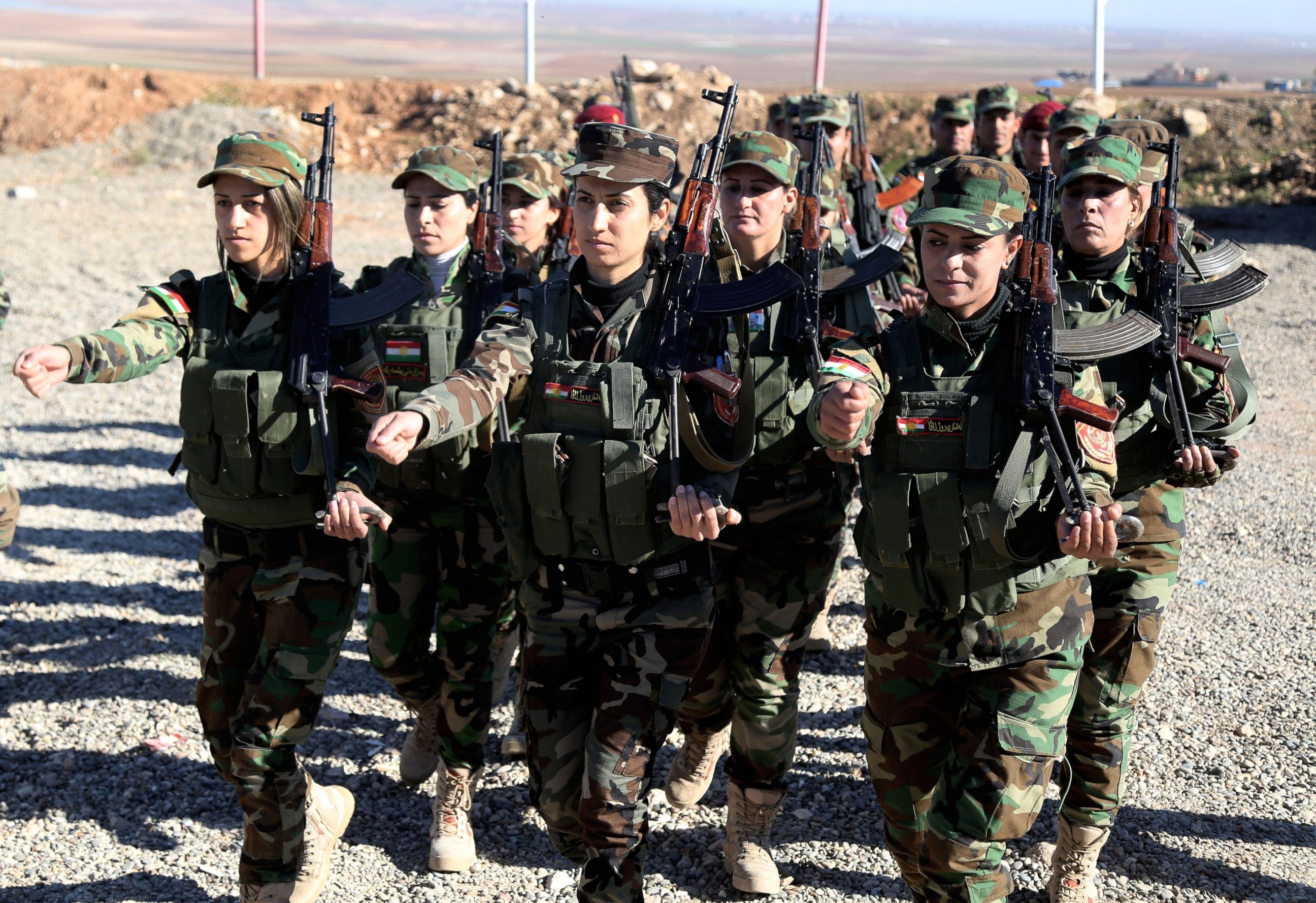 PHOTO:Female Syrian Peshmerga fighters are being trained to fight against Daesh and Assad forces at a camp located in Old Mosul region of the city of Nineveh, Iraq,  Dec. 9, 2015.  
