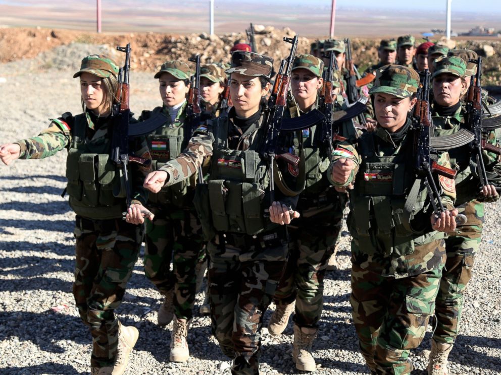 PHOTO:Female Syrian Peshmerga fighters are being trained to fight against Daesh and Assad forces at a camp located in Old Mosul region of the city of Nineveh, Iraq, Dec. 9, 2015.