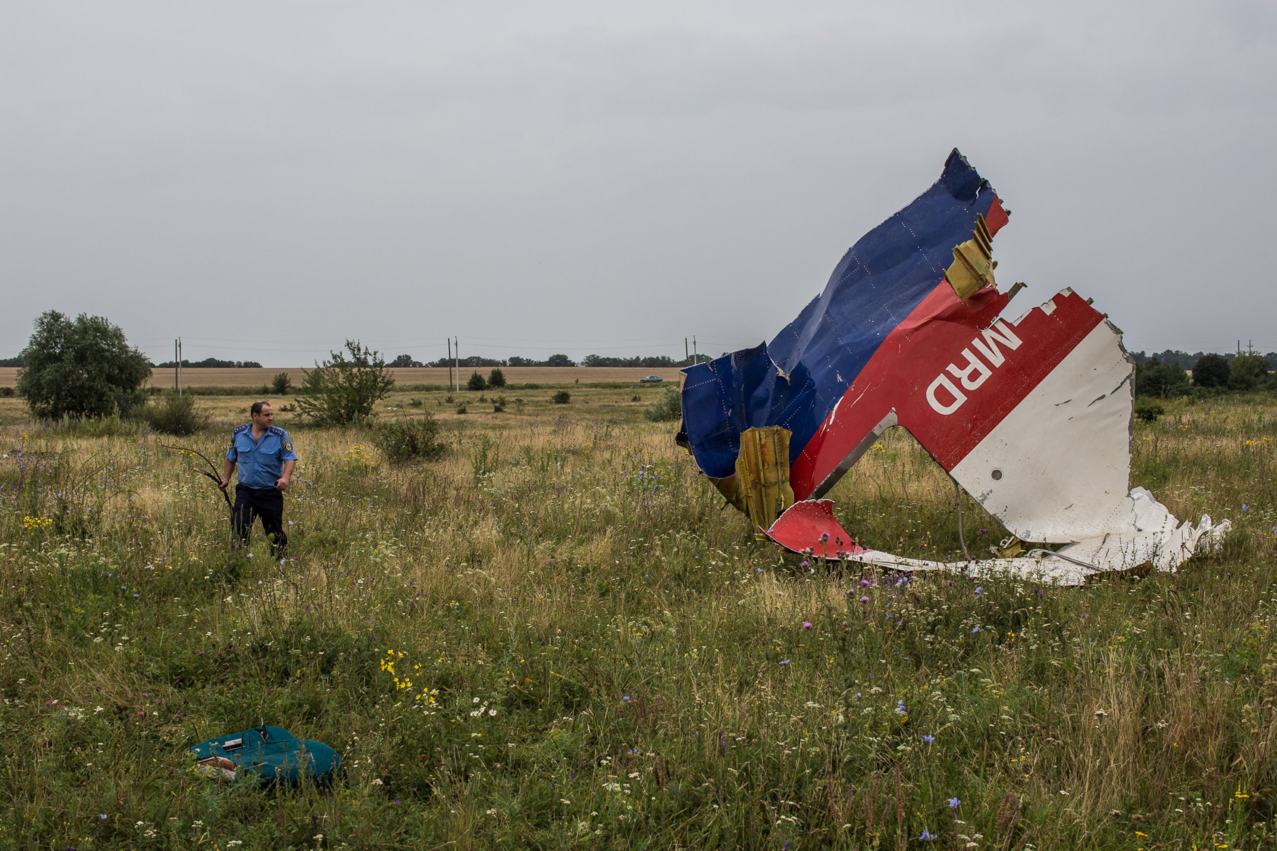 PHOTO: A Ukrainian police officer searches for human remains from Malaysia Airlines Flight 17 on July 18, 2014 in Grabovka, Ukraine.
