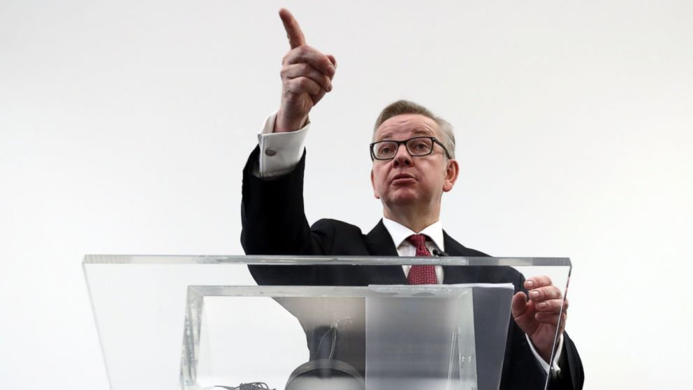PHOTO: Justice Secretary Michael Gove gestures during a press conference to outline his bid for the Conservative Party leadership, July 1, 2016, in London.