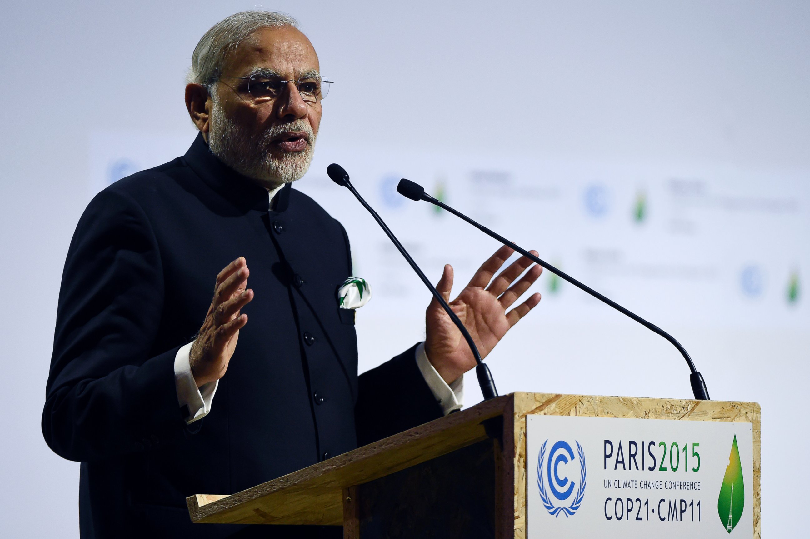 PHOTO: Indian Prime Minister Narendra Modi delivers a speech during the opening day of the World Climate Change Conference 2015 (COP21), on Nov. 30, 2015, at Le Bourget, on the outskirts of the French capital Paris.