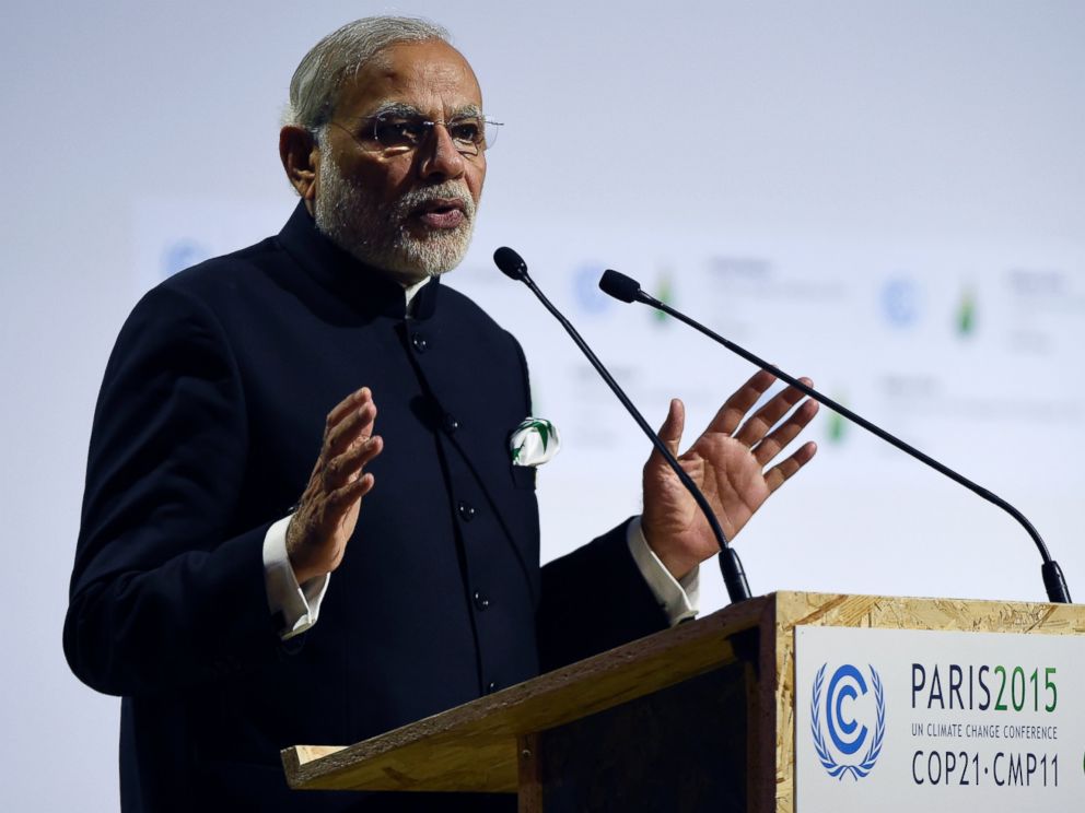 PHOTO: Indian Prime Minister Narendra Modi delivers a speech during the opening day of the World Climate Change Conference 2015 (COP21), on Nov. 30, 2015, at Le Bourget, on the outskirts of the French capital Paris.