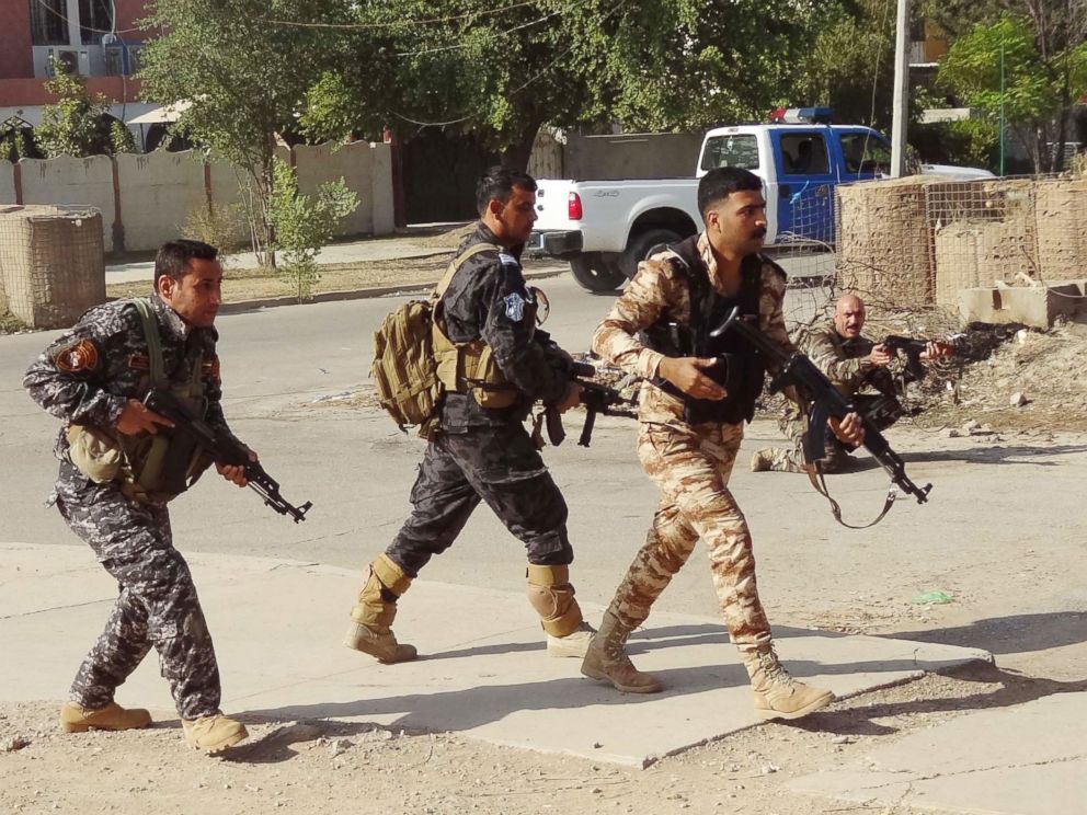 PHOTO: Iraqi Kurdish security forces patrol a street in the southern suburbs of Kirkuk on Oct. 22, 2016, after jihadist gunmen attacked the city.