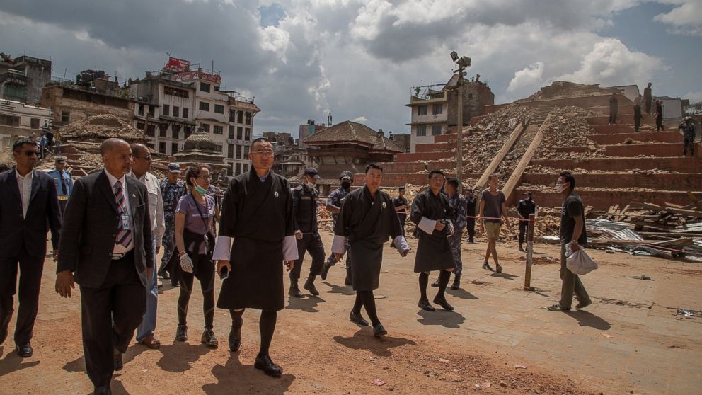 Bhutanese Prime Minister Tshering Tobgay visits the collapsed temples at Basantapur Durbar Square on April 27, 2015 in Kathmandu, Nepal.