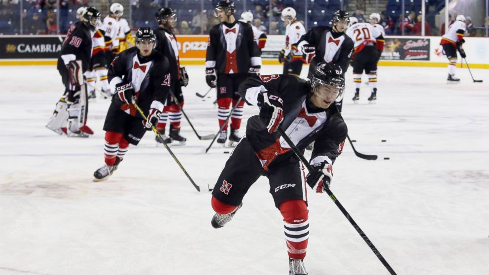 Billy Jenkins #8 of the Niagara Ice Dogs shoots on goal during warmups for the OHL game between the Belleville Bulls and the Niagara Ice Dogs at the Meridian Centre, Oct. 16, 2014, in St Catharines, Ontario.