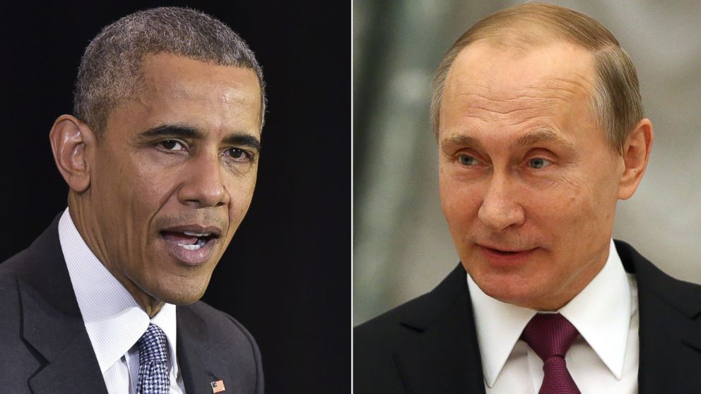 (L-R) President Barack Obama in Chicago, April 7, 2016. | President Vladimir Putin in Moscow, March 25, 2016.