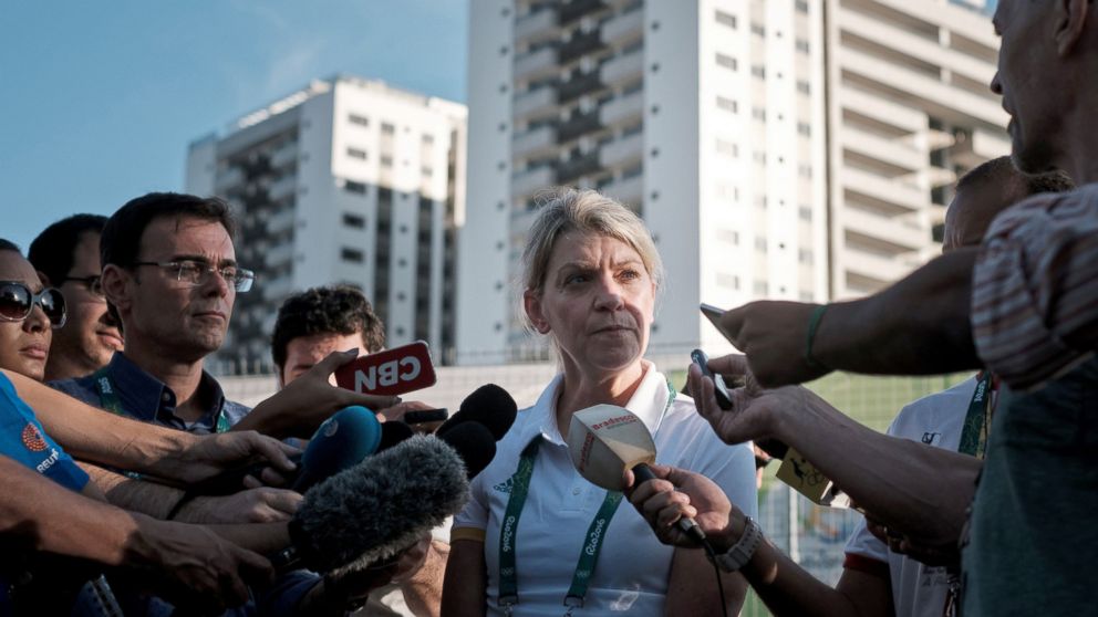PHOTO: The Chef de Mission for Australia at the 2016 Rio Olympic Games, Kitty Chiller, speaks to the press after deciding not to move into the Olympic Village on its opening day in Rio de Janeiro, July 24, 2016. 
