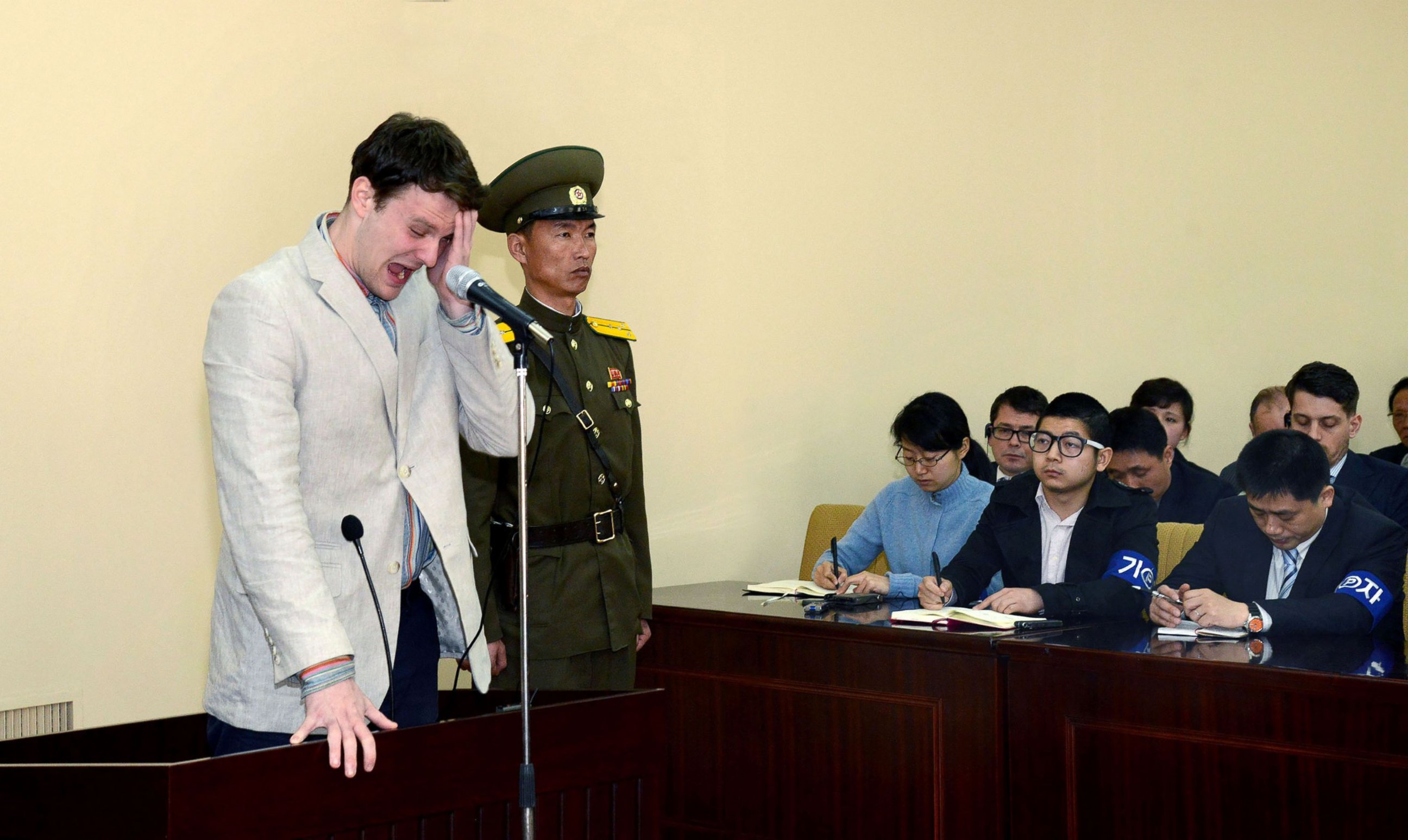 PHOTO: US student Otto Frederick Warmbier is shown in court, March 16, 2016, at the Supreme Court in Pyongyang, North Korea. 