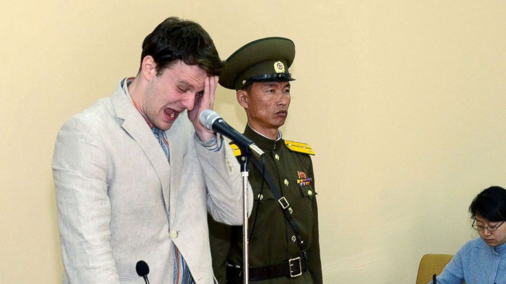 PHOTO: US student Otto Frederick Warmbier is shown in court, March 16, 2016, at the Supreme Court in Pyongyang, North Korea. 