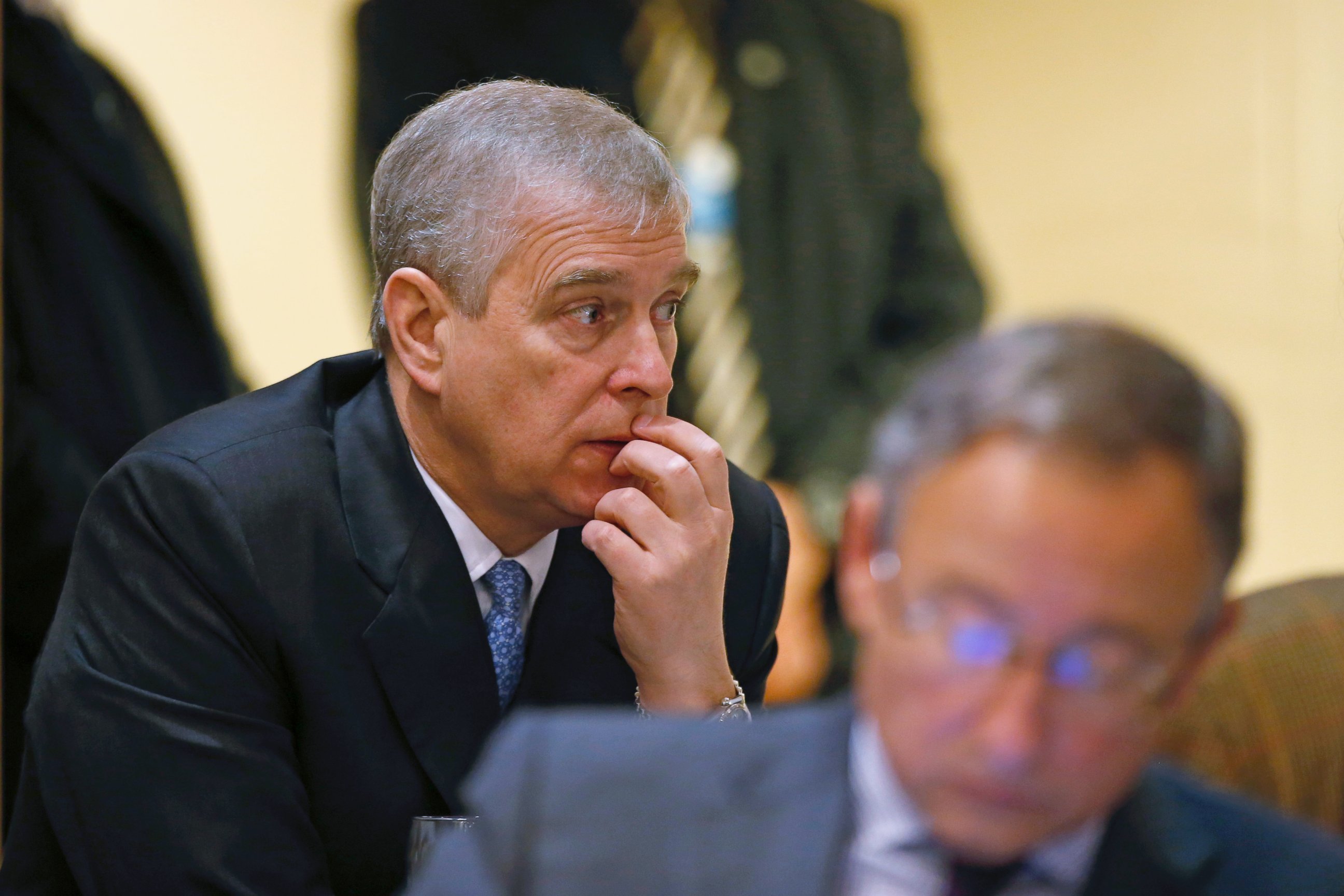 PHOTO: Britain's Prince Andrew, pauses during a break in sessions on day two of the World Economic Forum (WEF) in Davos, Switzerland, Jan. 22, 2015.