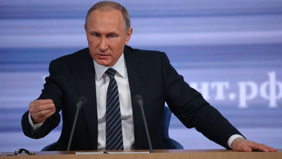 Vladimir Putin speaks during his annual press conference, Dec. 17, 2015, in Moscow.