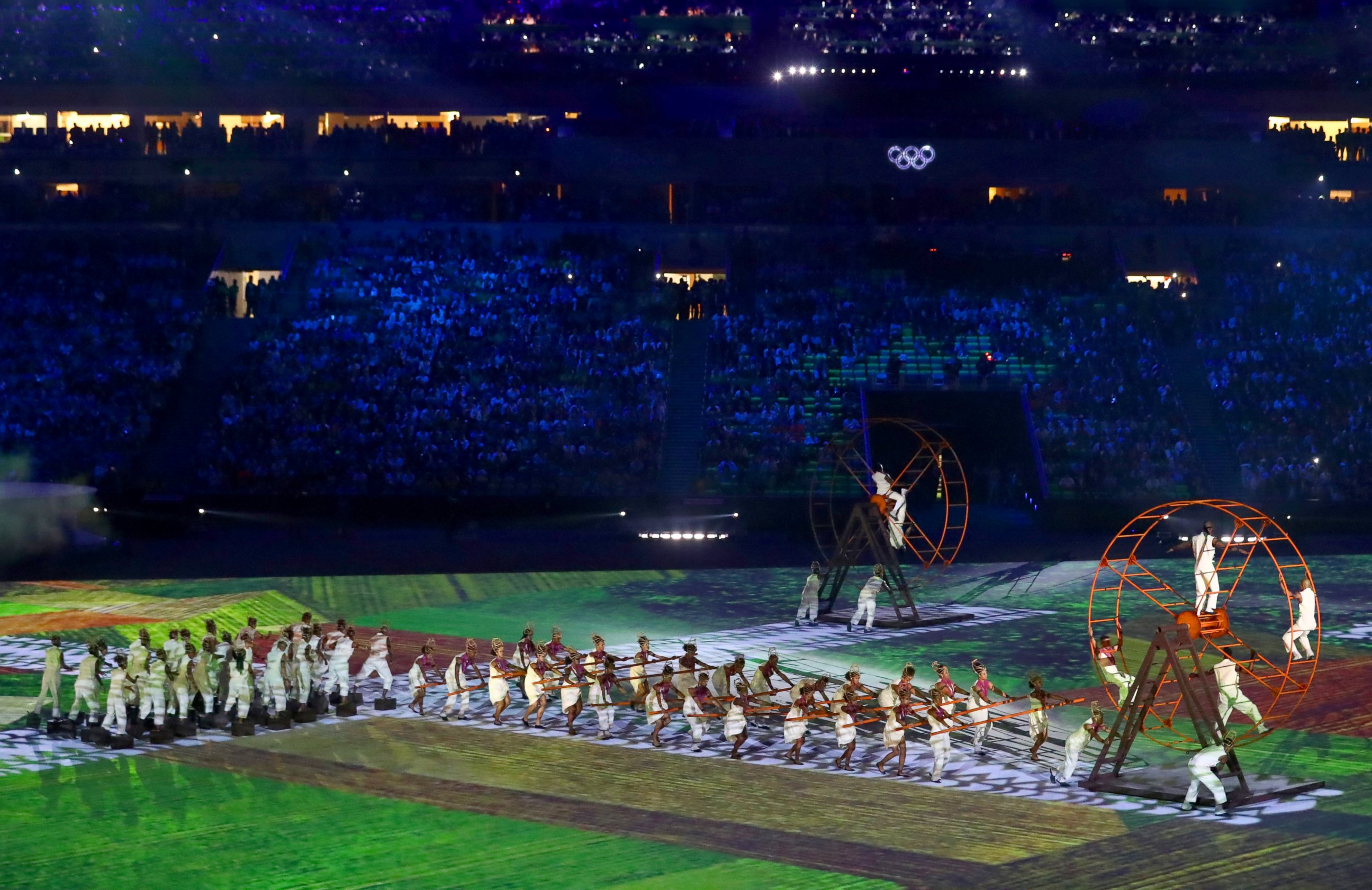 PHOTO: Performers dance at the Geometrization: Arrival of The Africans during the Opening Ceremony of the Rio 2016 Olympic Games at Maracana Stadium, Aug. 5, 2016, in Rio de Janeiro.