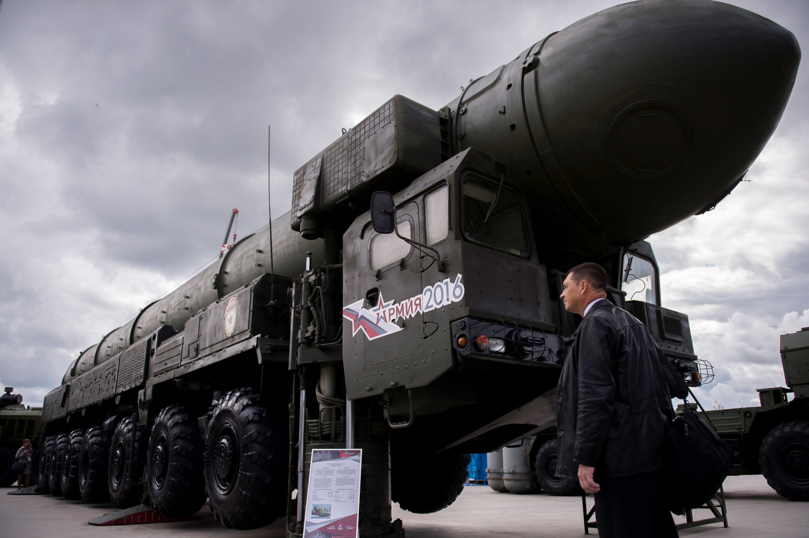 PHOTO: A man looks at a Russian Topol intercontinental ballistic missile launcher at the permanent exhibition of military equipment and vehicles at Patriot Park in Kubinka, outside Moscow, Sept. 8, 2016.