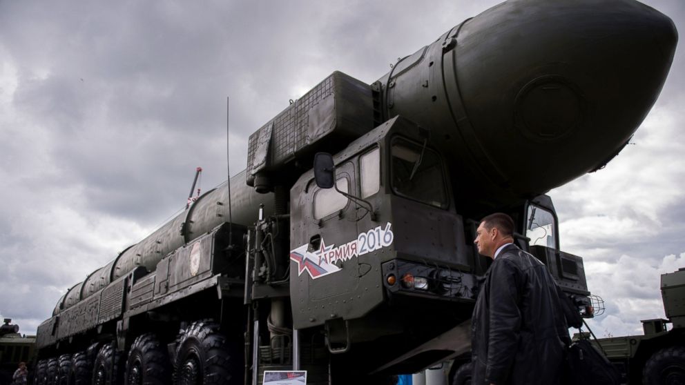 PHOTO: A man looks at a Russian Topol intercontinental ballistic missile launcher at the permanent exhibition of military equipment and vehicles at Patriot Park in Kubinka, outside Moscow, Sept. 8, 2016.