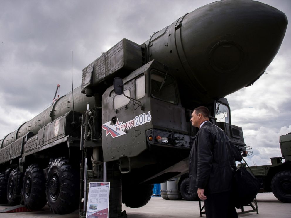 PHOTO: A man looks at a Russian Topol intercontinental ballistic missile launcher at the permanent exhibition of military equipment and vehicles at Patriot Park in Kubinka, outside Moscow, Sept. 8, 2016.
