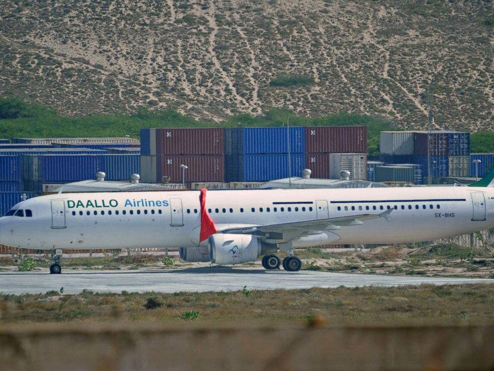 PHOTO:A picture taken on Feb. 3, 2016, shows a plane operated by Daallo Airlines after it made an emergency landing, Feb. 2, 2016, in Mogadishu, Somalia, following a blast.