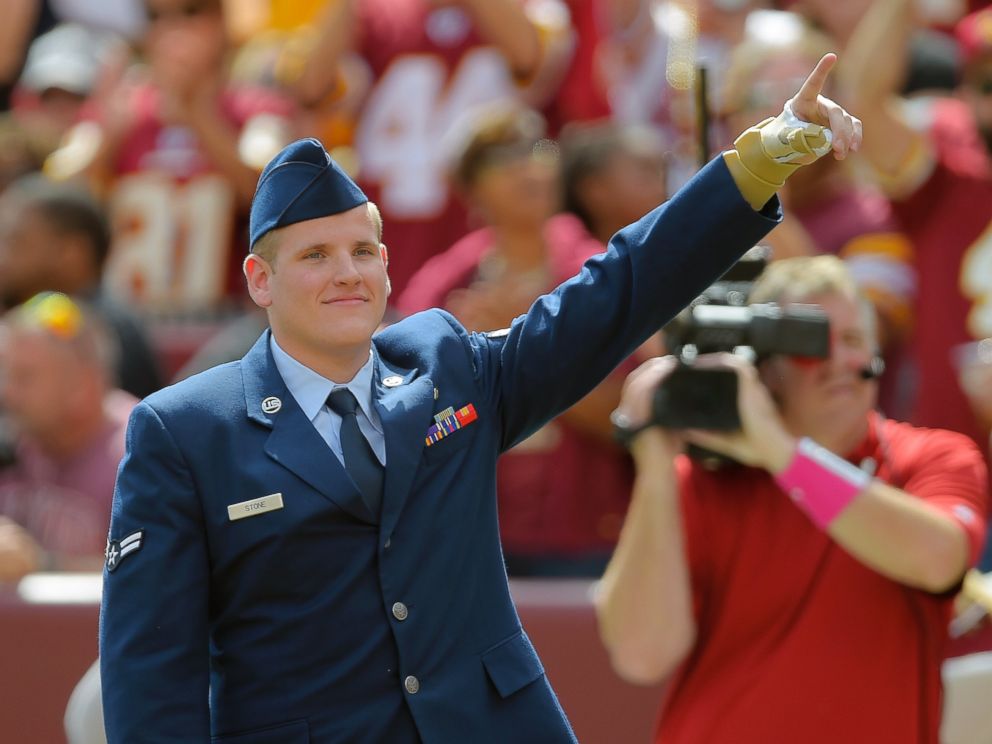 PHOTO: Airman Spencer Stone was introduced during the Washington Redskins game at FedEx Field in Landover, Md, Sept. 20, 2015.