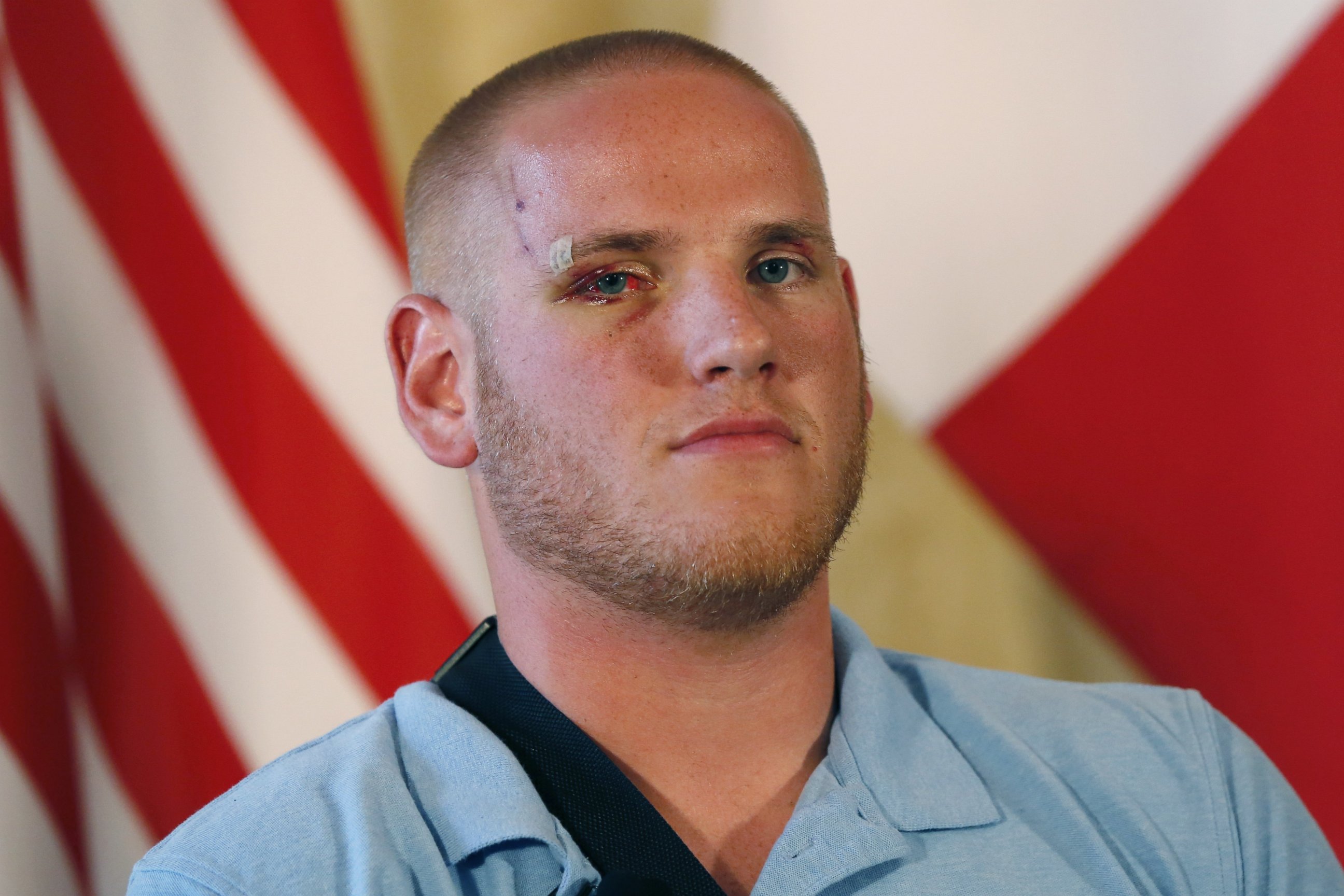 PHOTO: Off-duty U.S. serviceman Spencer Stone poses after a press conference at the U.S. embassy in Paris on Aug. 23, 2015, two days after 25-year-old Moroccan Ayoub El-Khazzani opened fire on a Thalys train traveling from Amsterdam to Paris. 